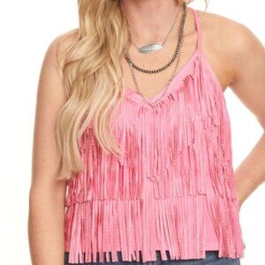 Mainstrip Women's Pink Silver Studded Fringe Racer Back Top Medium